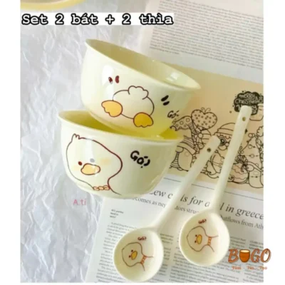 Set 2 Bát Kèm 2 Thìa Vịt Vàng Dễ Thương BUGO