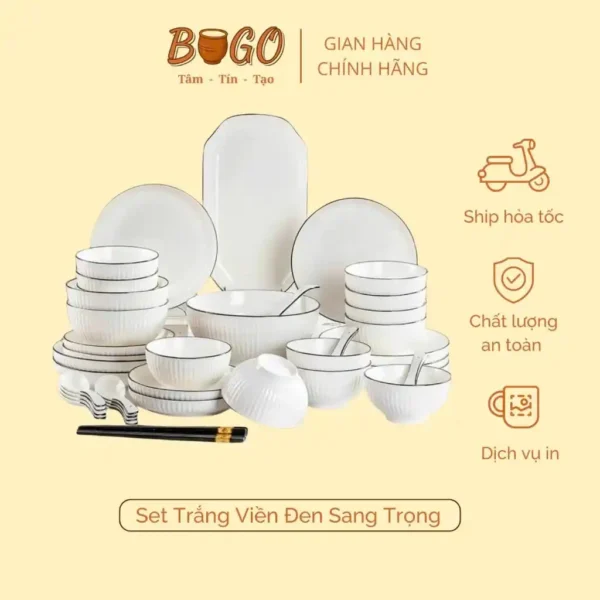 Bộ Chén Dĩa Gốm Sứ BUGO Trắng Viền Xanh và Trắng Viền Đen Cao Cấp Sáng Đẹp