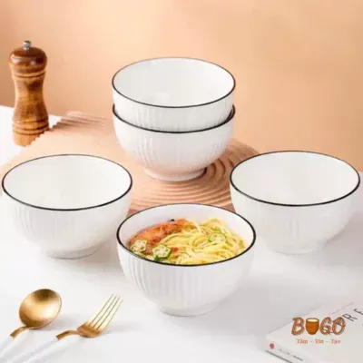 Bộ Chén Dĩa Gốm Sứ BUGO Trắng Viền Xanh và Trắng Viền Đen Cao Cấp Sáng Đẹp